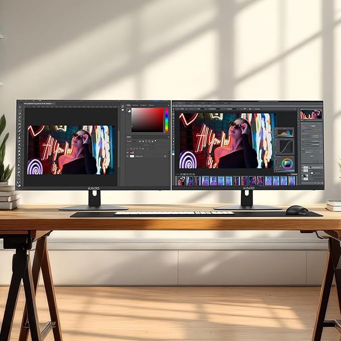 Kado Dual Monitor Setup - 2-Pack 27 1920x1080 Computer Monitor 75Hz VESA Mount HDMI Office Gaming Hybrid Built-in Speakers (E27 Dual Series)