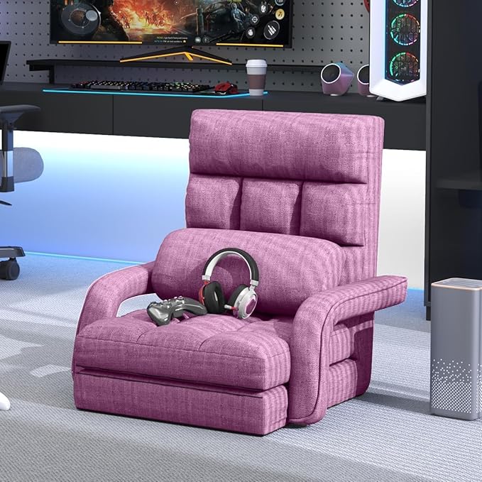 Floor Gaming Chair 6 Position Adjustable Indoor Chaise Lounge for Teens Adults Padded Folding Sofa with Armrests and Pillow Comfy Chair for Meditation Reading Purple
