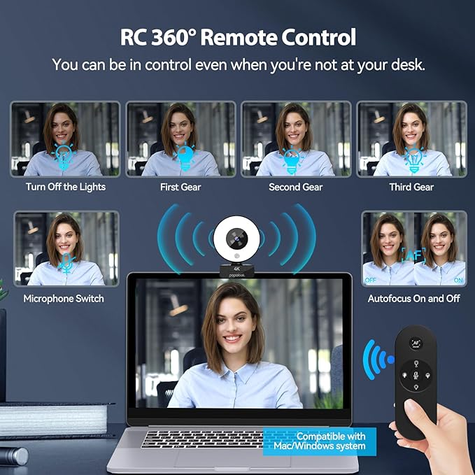 papalook 4K Autofocus Webcam with Light UHD Web Camera with Remote Control and Dual Noise-Cancelling Mics Plug and Play USB Webcams for PC Laptop Zoom Skype Teams Google Meet