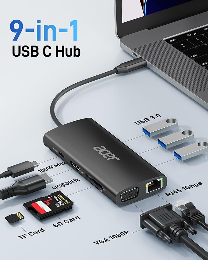 Acer USB C Hub with 4K HDMI 9-in-1 USB C to Ethernet Adapter 5Gbps USBA 3.0 Docking Station VGA Splitter SD Card Reader PD 100W Charging for MacBook Acer Laptops Surface and More (Black)