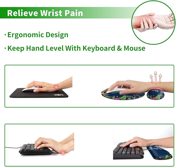 Ergonomic Keyboard Wrist Rests Gel Memory Foam Mouse Pad with Round Mousepad + Coasters Wrist Support Set with Non Slip Base for Gaming Office Laptop Easy Typing &amp Pain Relief Floral Boss Lady