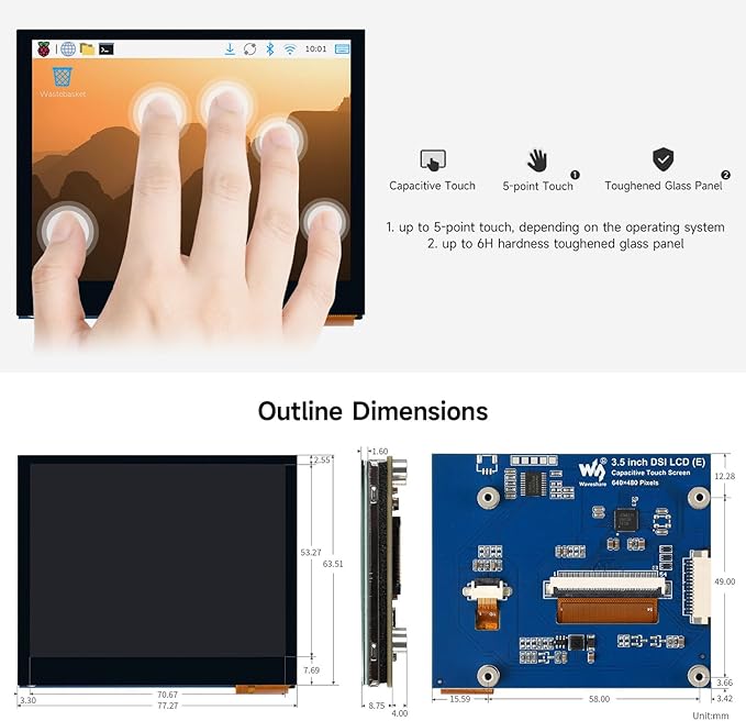 KLAYERS 3.5 Inch DSI Capacitive Touch Screen640x480 IPS with 5-Point TouchCompatible with Raspberry PI 5/4B/Zero and All Series Boards