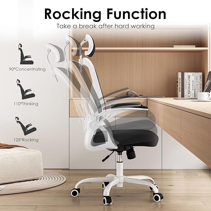 Ergonomic Office Chair with Adjustable Headrest and Flip-Up Armrests - High Back Mesh Computer Desk Chair with Lumbar Support for Home Office Gaming and Study (Black &amp White Model E)