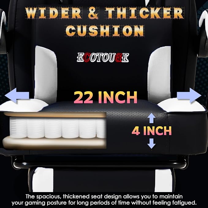 ECOTOUGE Gaming Chair with Footrest Big and Tall Silla Gamer with Massage Lumbar Support Ergonomic Gamer Chair with Reclining High Back 360° Swivel Gaming Computer Chair White