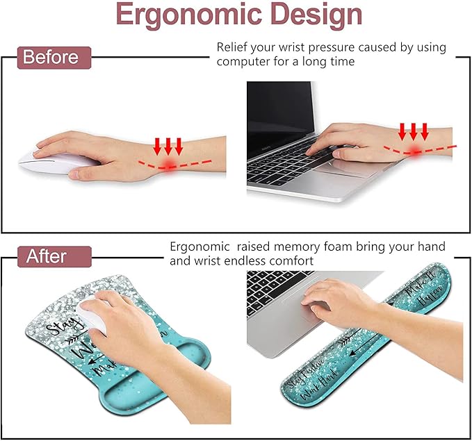 Mouse Pad with Wrist Support Ergonomic Gel Mouse Pad Memory Foam Keyboard Wrist Rest Suitable for Office Typing Games Desktop Decoration Stay Positive Work Hard and Blue Glitter Graphic Design