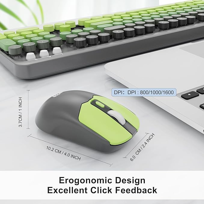Wireless Keyboard and Mouse Combo 2.4 GHz Wireless Full-Sized Typewriter Keyboard with Round Keycaps for Windows Computer Desktop PC Laptop (GreyGreen)