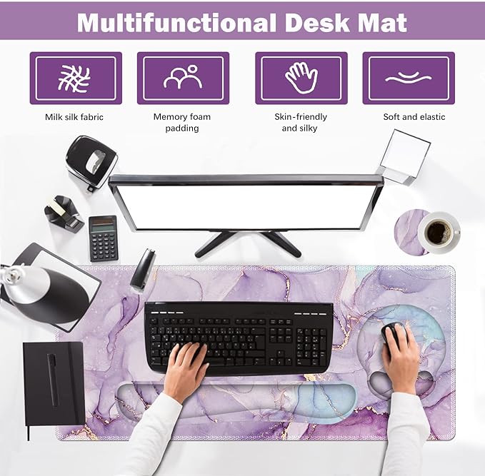 ARTSO Large Mouse Pad Ergonomic Keyboard Wrist Rest Support Set Memory Foam Gel Wrist Pad Extended Desk Mat Protector Non-Slip Desk Blotter Purple Blue Marble