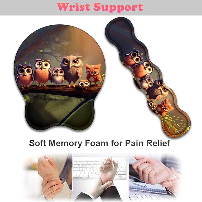 3 in 1 Keyboard Wrist Rest + Mouse Pad and Coaster Ergonomic Gel Mouse Pad and Keyboard Pad Set Comfortable Lightweight for Easy Typing Pain Relie Cute Owl
