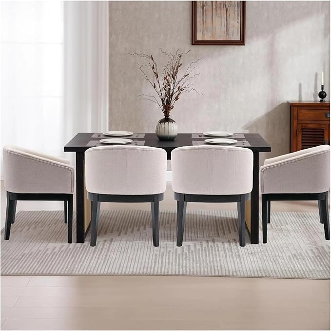 Adjustable Office Computer Chair with Armrest 1pcs Linen Fabric Upholstered Armrest Dining Chairs with Wooden Legs(White)