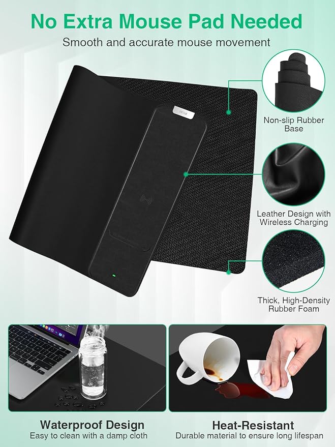 Mouse Pad with Wireless Charging Black Mousepad Long Desk Mat Large Gaming Mouse Pad Soft Mouse Pad Gaming Desk Pad with Non-Slip Rubber Base Extended Computer Keyboard Mat Office Mice Pad