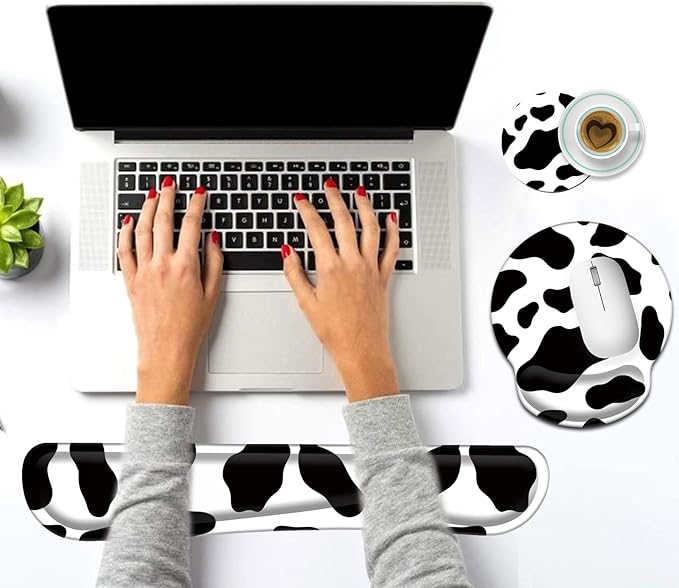 Keyboard Wrist Rest and Mouse Pad Wrist Support Set with CoastersErgonomic Gaming Mousepad for Home Office Working Studying Easy Typing &amp Pain ReliefCow Print