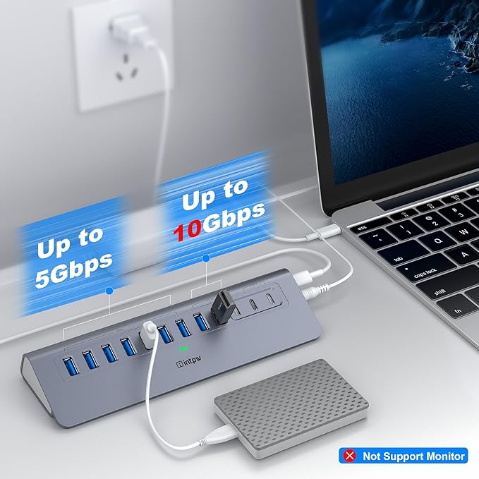 Powered USB Hub 10Gbps intpw YH9AC 12-Port USB Splitter with USB A/USB C 3.2 4 USB 3.0 2 PD 45W Charging Ports 65W Power Adapter + 3.3FT Cable Aluminum USB Extender Hub for Laptop/PC/iPhone 16/15