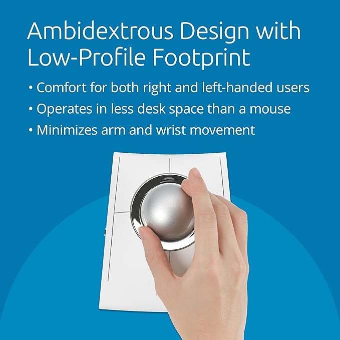 Kensington SlimBlade Pro EQ Wireless Trackball Bluetooth 2.4GHz Connection Rechargeable Programmable Buttons White/Silver Ball