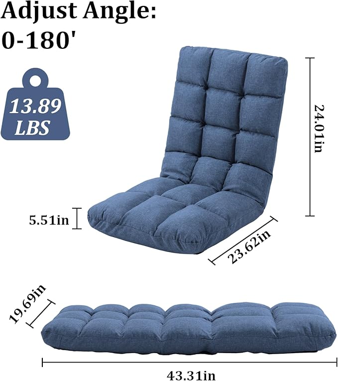 Folding Floor Gaming Chair with Back Support 14-Position Adjustable Recliner - Padded Cushion with Breathable Linen &amp Cotton Blend for Adults &amp Kids Perfect for Gaming Reading &amp Meditat