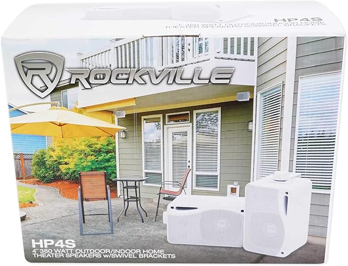 Rockville HP4S Pair 360W 4 Outdoor/Indoor Speakers 4 Ohm Weather-Resistant Swivel Brackets 4 Woofer + 1/2 Tweeter for Home Theater and Patio