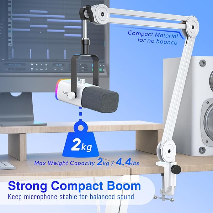 FIFINE Gaming Microphone Pack with Metal Boom Arm Stand RGB Mic with Gain KnobMic MuteMonitoring Jack Boom Arm Bundle with Adjustable Range5/8 Screw for Streaming Podcast Recording (AM8W+BM63W)