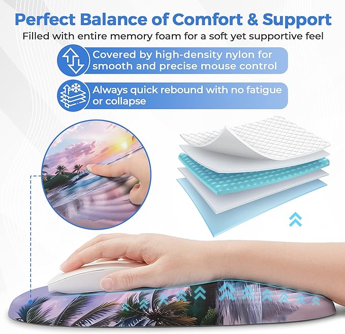 Ergonomic Mouse Pad with Wrist Support Memory Foam Wrist Rest for Pain Relief &amp Carpal Tunnel Non-Slip Base for Office Computer PC Laptop (12x8x1.2inch Sunset Beach)