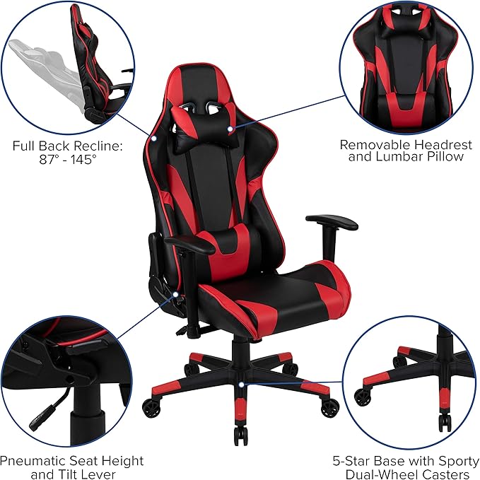 Flash Furniture X20 Fully Reclining LeatherSoft Racing Style Gaming Chair with and Lumbar Pillows Ergonomic Padded Swivel Computer Chair Red/Black
