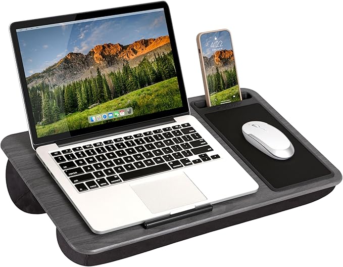 LAPGEAR Home Office Lap Desk with Device Ledge Mouse Pad and Phone Holder - Gray Woodgrain - Fits up to 15.6 Inch Laptops - Style No. 91545