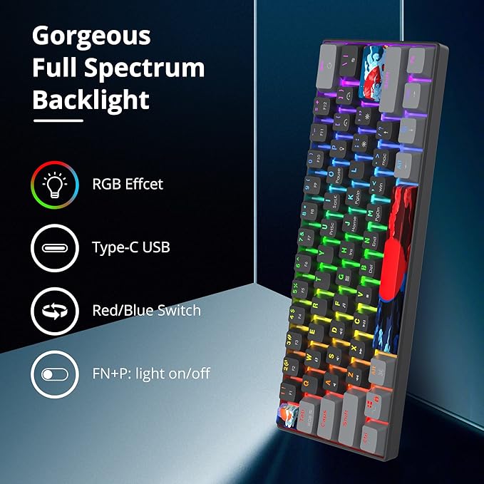 Owpkeenthy 60% Percent Keyboard Mechanical Gaming with Red Switch Wired Ultra Compact RGB Mini Keyboard Backlit for PC Xbox PS4 (Dark/Red Switch)