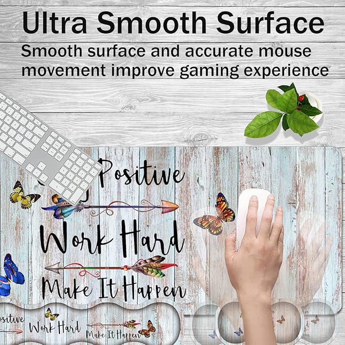 Large Gaming Mouse Pad+Keyboard Wrist Rest+Mouse Wrist Rest+Coaster Easy Typing Pain Relief 31.5 × 11.8 inch Desk Mat for Home Office Stay Positive Work Hard and Make It Happen