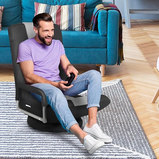 ERGOMASTER 360 Degree Swivel Video Gaming Floor Chair w/Armrests Adjustable 6-Position Folding Floor Chair Padded Backrest for Game Reading (Grey/Black)