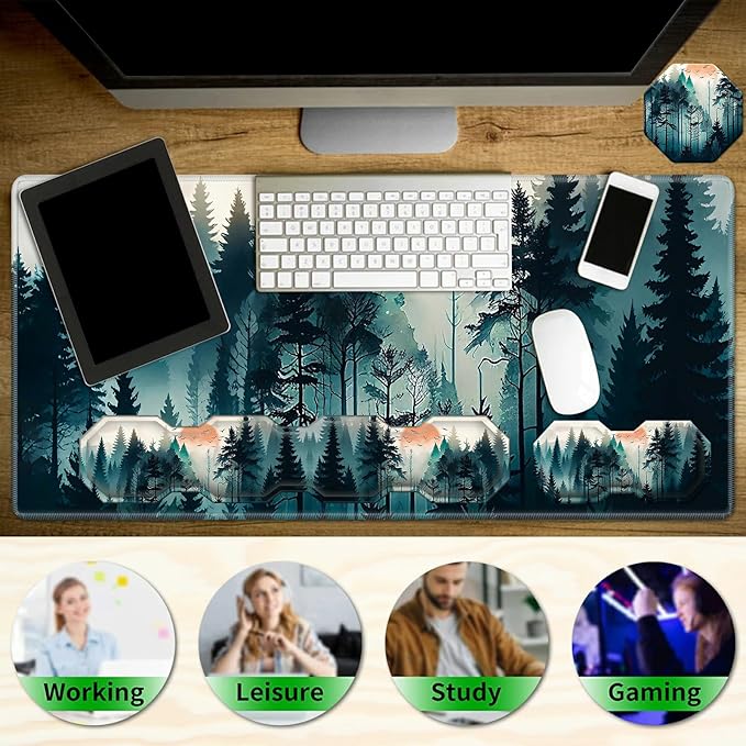 Keyboard Wrist Rest &amp Desk Mat 35.4 x 15.7 inch &amp Mouse Wrist Rest &amp Coasters 4 Pcs Gaming Mouse Pad with Wrist Rest Set with Memory Foam Ergonomic Easy Typing Pain Relief - Forest Tree