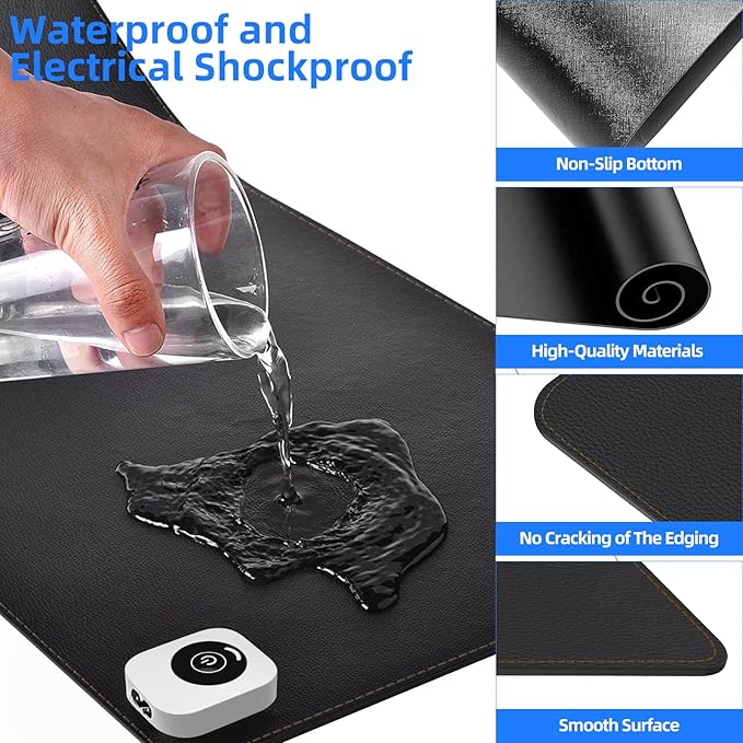 Heated Desk Pad Mouse Pad - Heated Desk Mat - Warm Desk Pad - 3 Levels Heating &amp 4 Hours Auto Shut-Off PU Leather Mouse Pad - 31.5 x 13 inch(Dull Black)