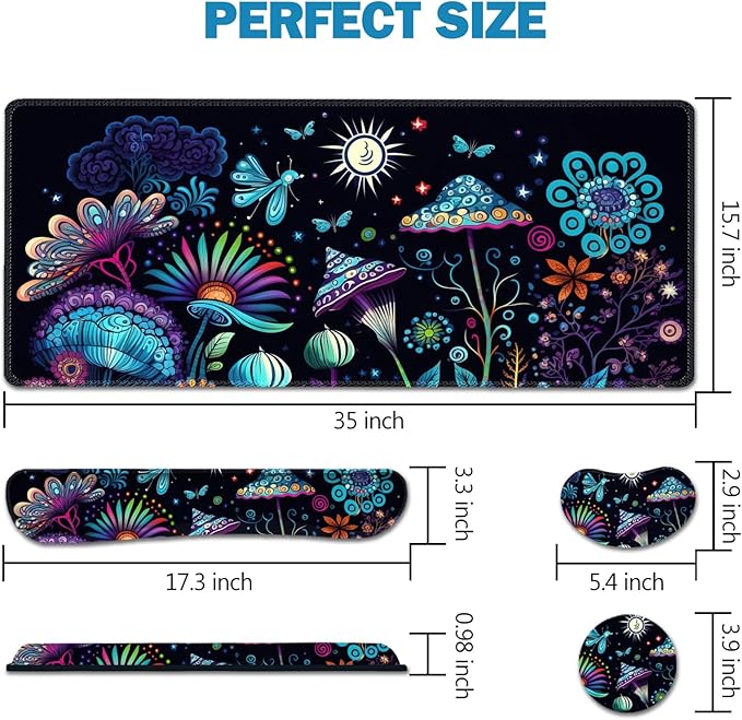 AIMSA Large Gaming Mouse Pad Set Keyboard Wrist Rest Support+ Extended Mousepad+ Mouse Wrist Cushion+Coaster Ergonomic Multifunctional Desk Mat 35x15.7in Colorful Abstract Mushrooms