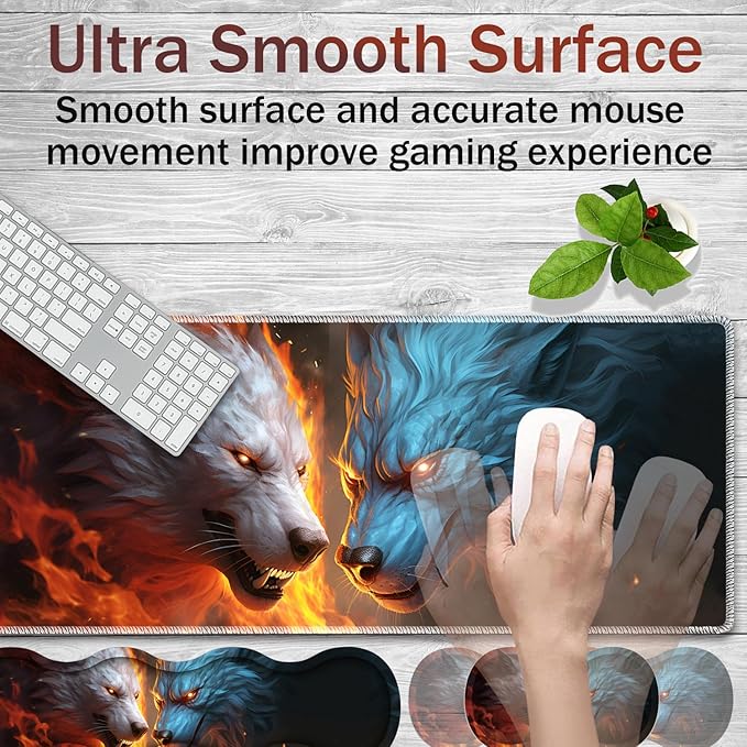 Gaming Mouse Pad Set Large Gaming Mouse Pad+Keyboard Wrist Rest+Mouse Wrist Rest+Coaster Easy Typing Pain Relief 31.5 × 11.8 inch Desk Mat for Home Office - Ice Wolf and Fire Wolf