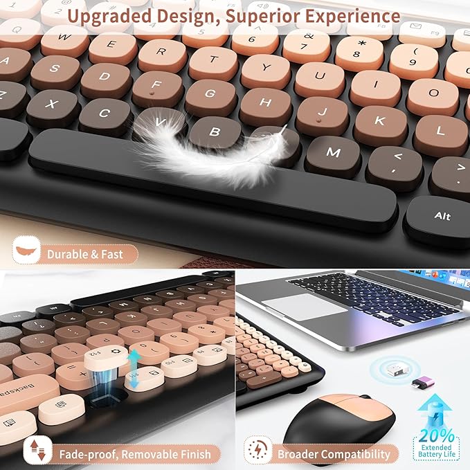 HotFox Wireless Keyboard and Mouse Combo Full-Size Retro Typewriter Keyboard with Round Keycaps Ergonomic Design for Windows PC Home and Office Use -Red
