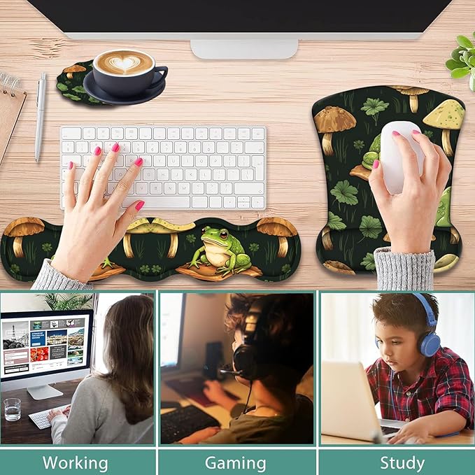 Ergonomic Keyboard Wrist Support Pad and Wrist Support Mouse Pad Anti-Slip with Gel Memory Mouse Pad Set Suitable for Office Use/Home Use - Adorable Frog Mushrooms