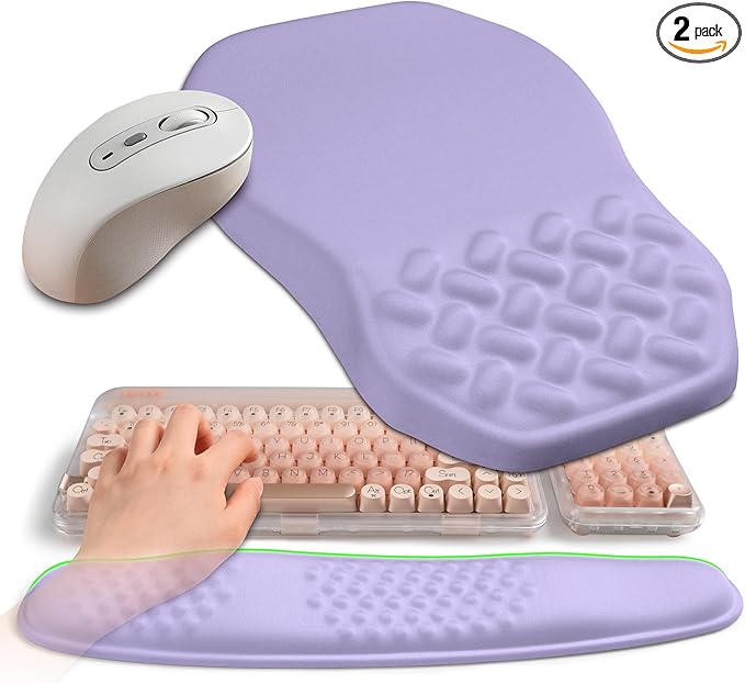 2-in-1 Ergonomic Set Wave Keyboard Wrist Rest and Massage Slope Mouse Pad Wrist Support Rebound Memory Foam for Relieve Carpal Tunnel Syndrome and Wrist Pain (Lavender Purple)