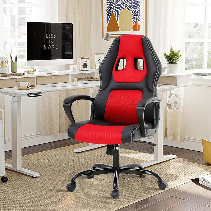 MKDLUFEI Video Game ChairErgonomic Office Chair Desk Chair and Lumbar Support PU Leather Recliner with HeadrestHeight Adjustable Computer Chair for Adults (RED)