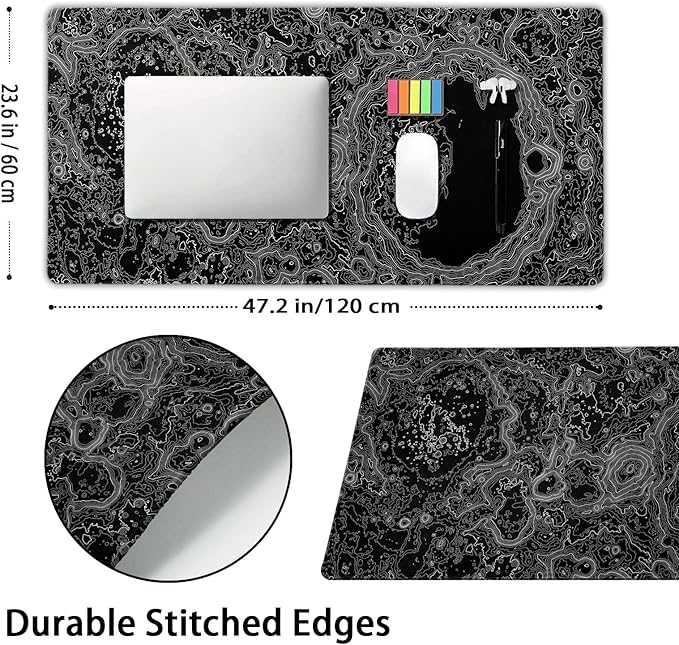 Black Whtie Topographic Gaming Mouse Pad 3XL Topo Moon Relief Map Extended Large Mat Mousepad Desk Pad Non-Slip Rubber Base Stitched Edge Long Mousepad for Desktop Office Desk 47.2x23.6 in120x60cm
