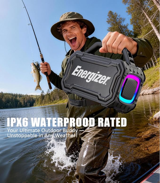 Energizer 100W Portable Wireless Bluetooth Speaker | 24-Hour Playtime | IPX6 Waterproof | Outdoor Ready | LED Light Show | TWS Pairing | Perfect for Outdoor Party Beach Camping Travel Garage
