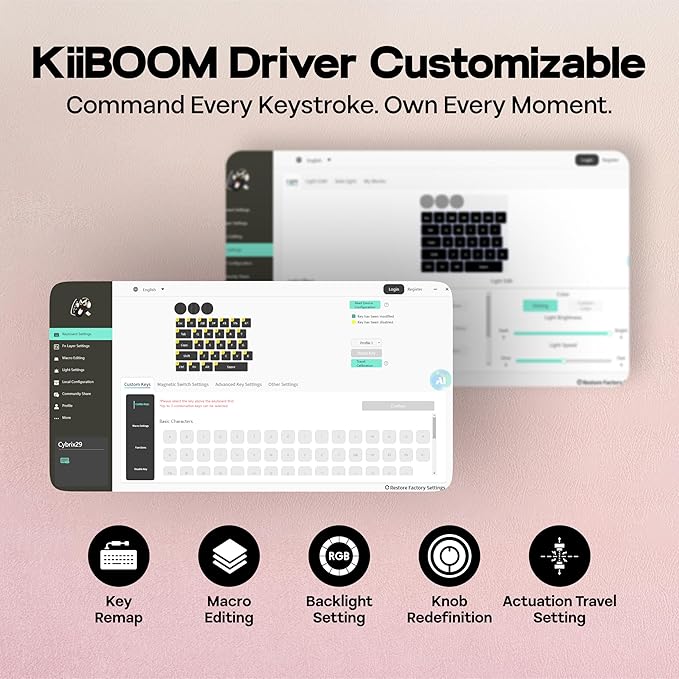 KiiBoom Cybrix 29 Rapid Fast Wired Gaming Keyboard 8Khz Polling Aluminum &amp Acrylic One Handed Keyboard 3 Programmable Knobs Magnetic Switch Adjustable Actuation RGB Backlits FR4 Plate (Pink