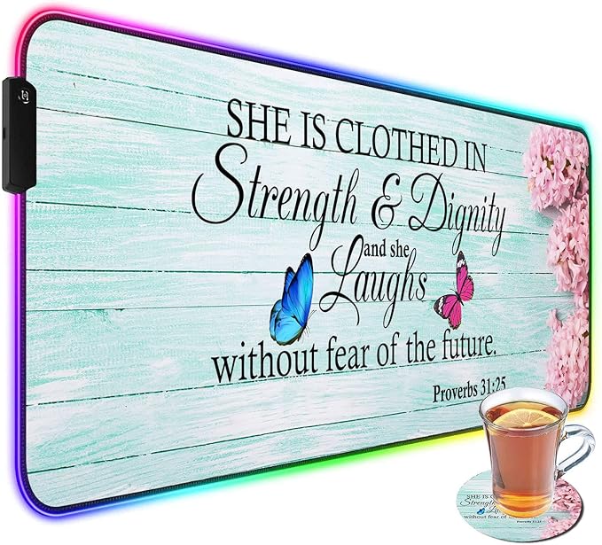 Customized RGB Gaming Mouse Pad and Coffee CoasterLarge Glowing Led Anti-Slip Rubber Base Computer Keyboard Desk Mouse Mat 31.4x11.8 InchPink Hyacinth Bible Verse Proverbs 31-25