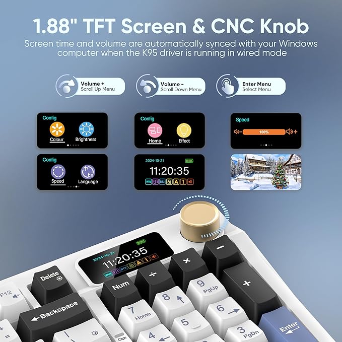 RedThunder K95 Wireless Mechanical Keyboard TFT Screen &amp Knob Tri-Mode BT5.0/2.4GHz/USB-C Hot Swappable Custom Pre-lubed Linear Switches Gasket Structure RGB Gaming Keyboard Snowy White-Blue