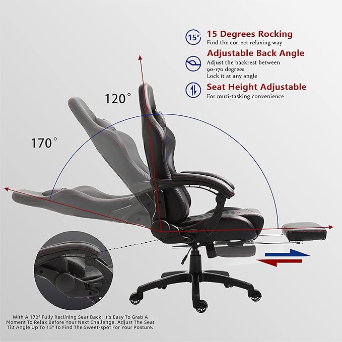 Dowinx Gaming Chair Big and Tall Ergonomic Game Chair for Adults with Footrest and Massage Lumbar Support High Back Computer Gamer Chair PU Leather 350Lbs for Office Home Black
