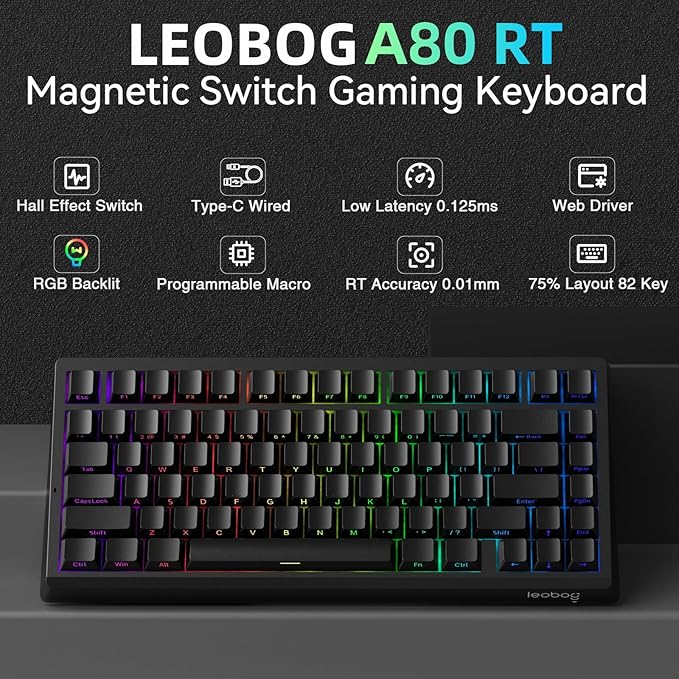 LEOBOG A80 RT Hall Effect Gaming Keyboard Wired Rapid Trigger Magnetic Switch Keyboard with 0.01mm RT Adjustable Actuation 8000Hz Polling Rate RGB Backlit Mechanical Keyboard 75% for PC Gamer
