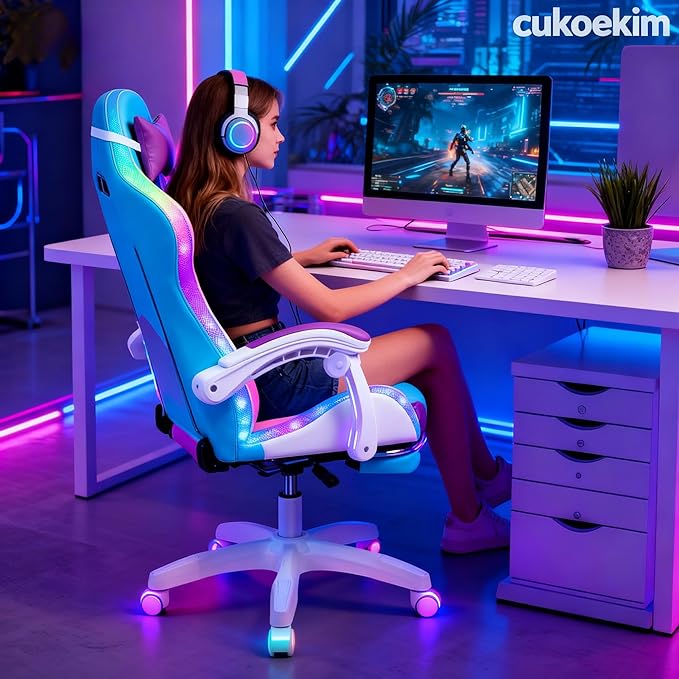 Pink Gaming Chair with Lights Ergonomic Massage Computer Chair Height Adjustable Girls Video Game Chair with 360° Swivel Seat ＆ Headrest Supports 300lbs for Home Office (Purple)