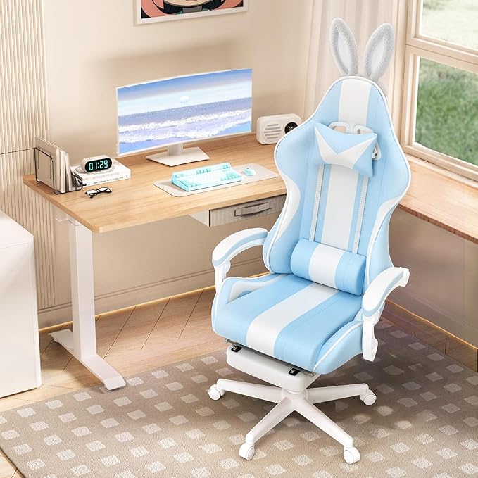 Ferghana Kawaii Bunny Ears Gaming Chair Cute Gamer Chair with Footrest and Massage Leather Ergonomic Computer Game Chairs for Girls Adults Teens Kids Light Blue