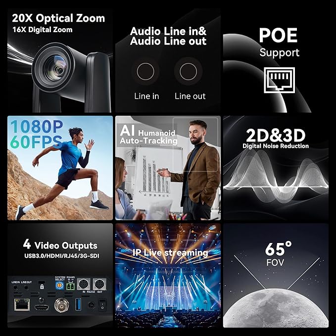 TONGVEO AI Auto-Tracking PTZ Camera: 20X Optical Zoom 1080P 60fps HDMI SDI USB PoE Video Camera for Church Worship Live Streaming Conference Room Webcam for OBS