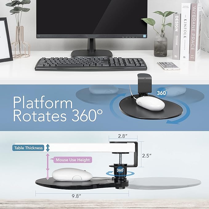 EHO Clamp-On Under Desk Mouse Tray 360° Swivel Ergonomic Platform with Cable Organizer Smooth Glide Surface for Gaming or Office Fits Desks 0.5-1.5 Thick Tool-Free Install TAA-Compliant