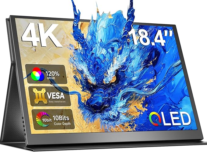 Newsoul Portable Monitor 4K QLED 18.4 UHD 3840 * 2160 Laptop Monitor 120% sRGB Large Portable Screen Built-in USB-C Mini HDMI with VESA &amp Cover Second Screen for Phone Game Console