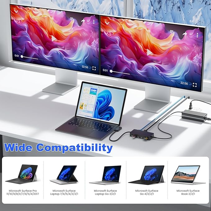 Surface Docking Station with Power Adapter 11-in-1 Surface Dock Dual Monitor 4K HDMI &amp VGA Ethernet USB Hub SD/TF Card Reader for Surface Pro/Laptop/Book (HDMI + VGA)