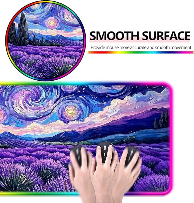 RGB Fantasy Starry Night Lavender Field Gaming Desk Mat Computer Keyboard Large Extended Long Floral LED Mouse Pad for Office and Home XL (W27)