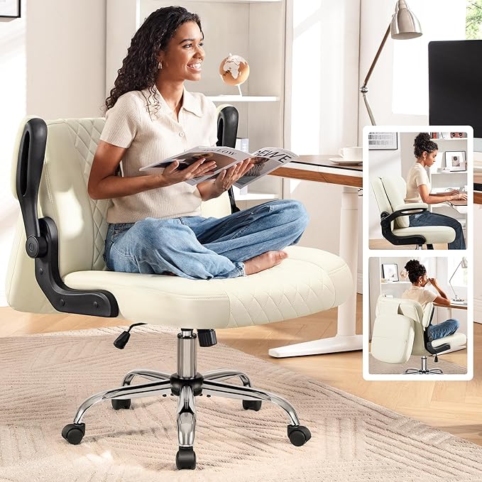Criss Cross Office Chair with 2-in-1 Flip Backrest – Ergonomic PU Leather Floor Sitting Chair Adjustable Height 360° Swivel &amp Flip-Up Arms Extra-Wide Seat for Home Office Vanity Nail Salon-Wh