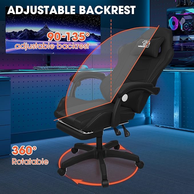 BorealBear Gaming Chair Office Chair Reclining High-Back PU Leather Computer Desk Chair with Headrest and Lumbar Support Suitable for Gaming Chairs Office Storage Office Shelving and More（Black）